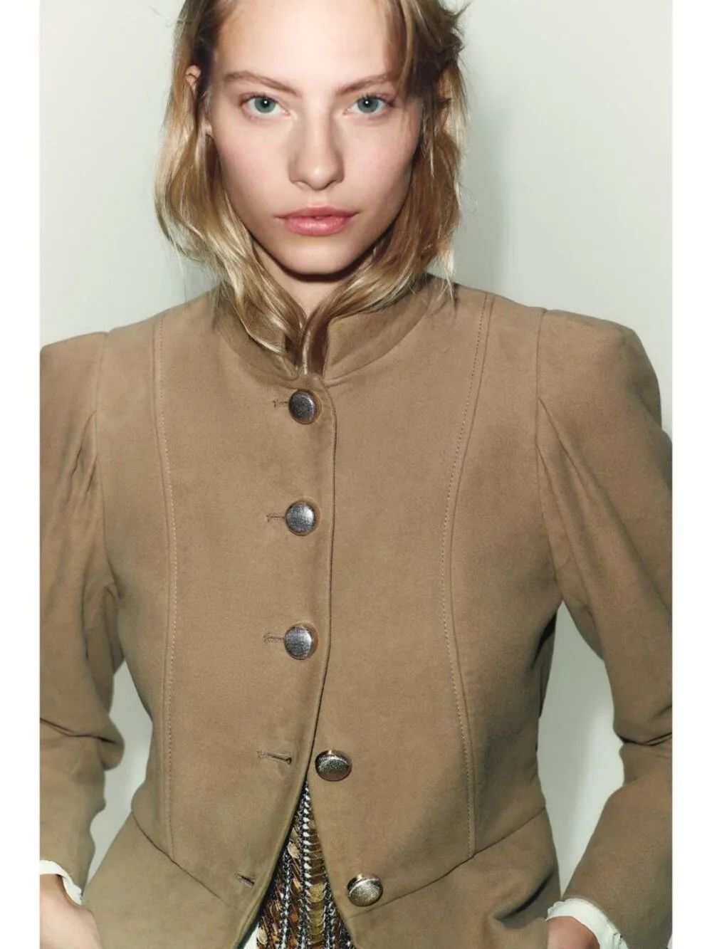 Zara Womens Blazer Suit Jacket L Brown Faux Suede Puff Sleeve 9073/118 NWT